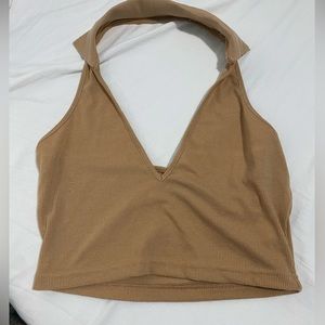 Brown cropped halter tank top with collar